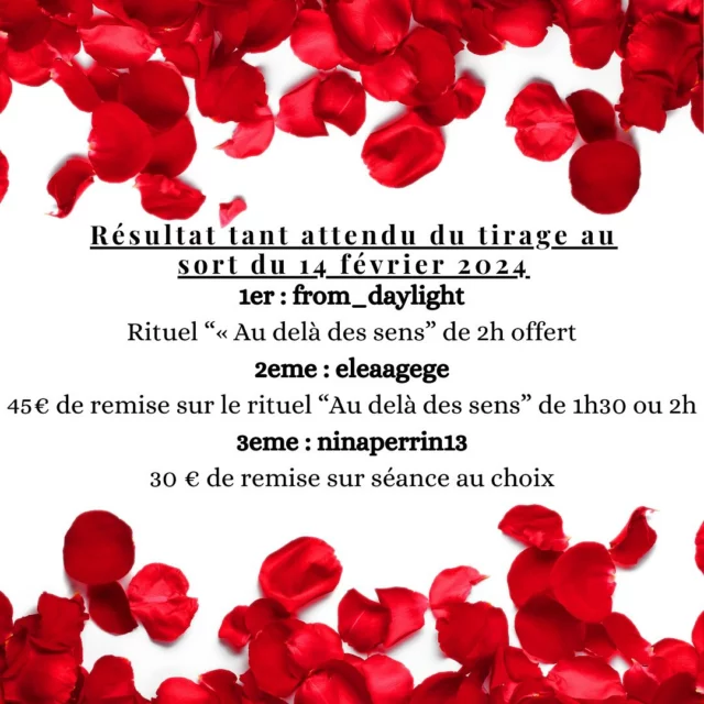 Félicitations aux heureux gagnants @from_daylight_  @eleaagege et @ninaperrin13 de notre jeu concours! 🎉🏆 Merci à tous pour votre participation. Restez à l’affût pour plus d’opportunités de gagner dans le futur. J’invite les gagnants à me contacter 😇 #gagnants #jeuconcours #massage #vitrolles #aixenprovence